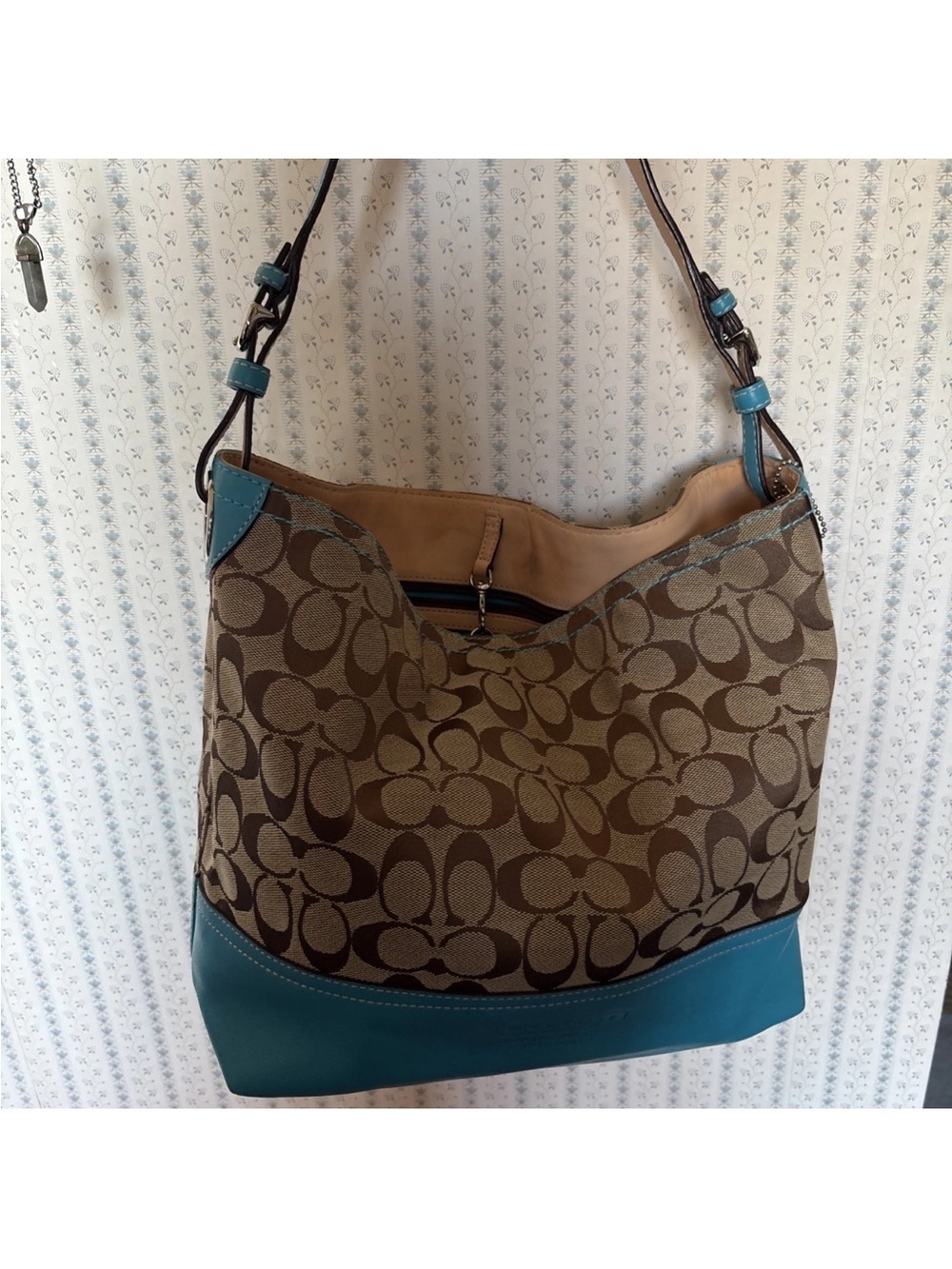 Coach Brown Signature Canvas Shoulder Bag with Teal Leather Trim